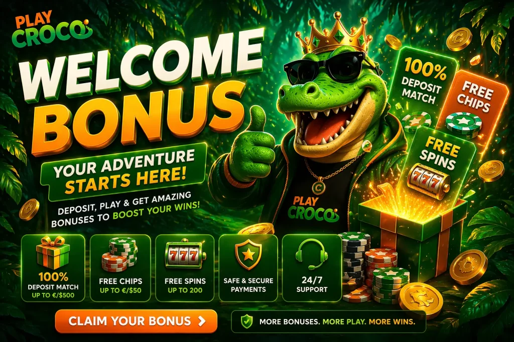 PlayCroco Casino Welcome Bonus banner with crocodile mascot, free spins, free chips, and 100% deposit match promotion