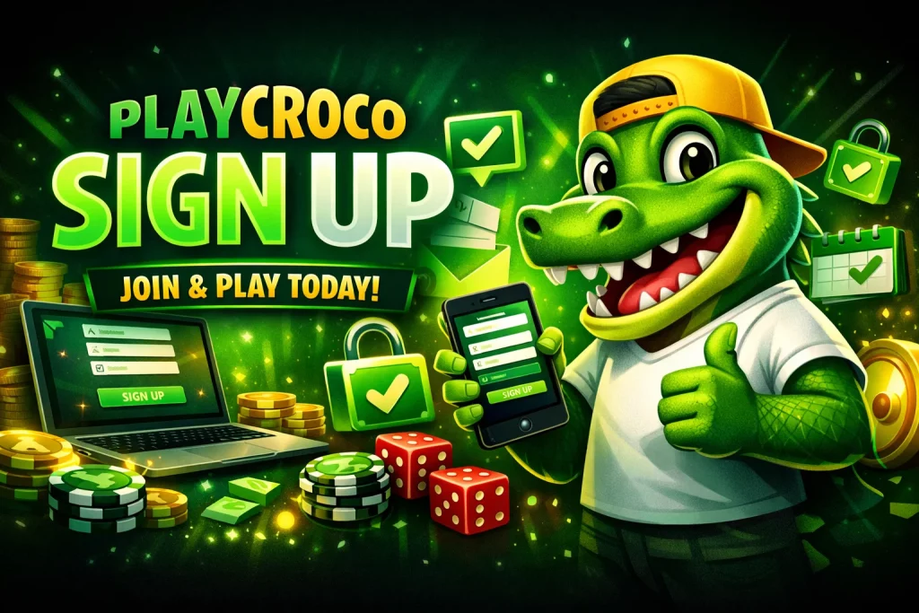 PlayCroco Casino Sign Up banner with neon green crocodile mascot, mobile registration screen, casino chips, dice, and glowing signup interface